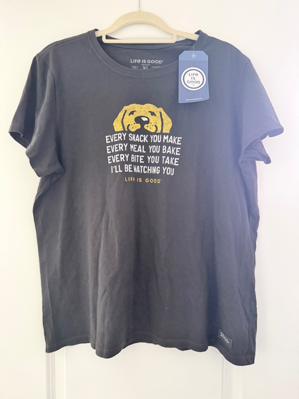 Life Is Good Black Tee with Yellow Dog Graphic and Slogan